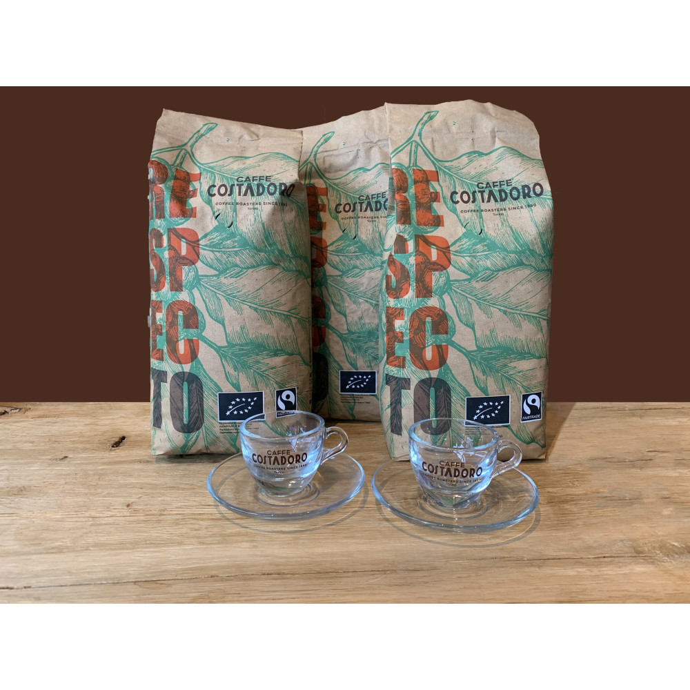 Actiepakket Biologische Koffiebonen + 2x Espresso kop en schotel