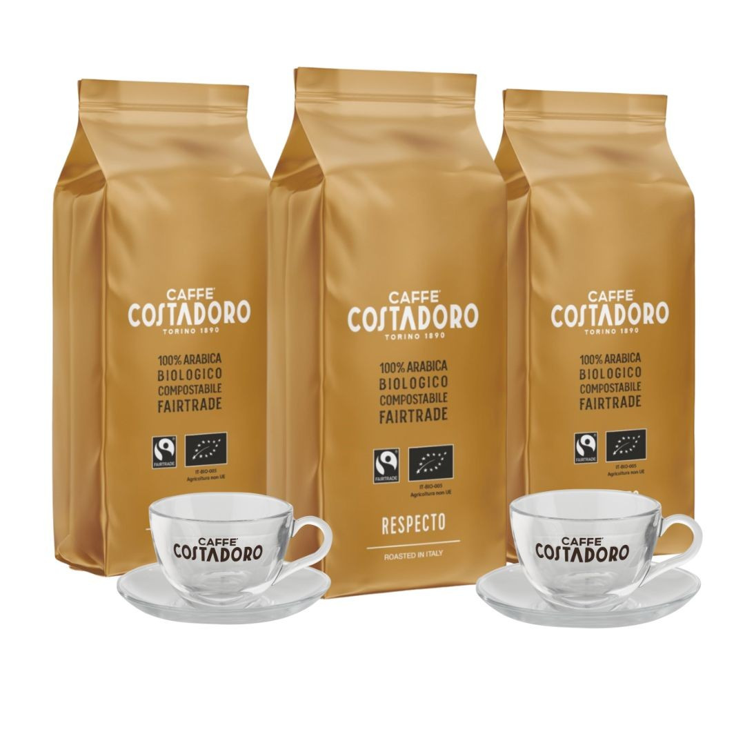 Actiepakket Biologische Koffiebonen + 2x Cappuccino kop en schotel