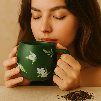 Il mondo del te - Theemok donker groen met bloemenprint